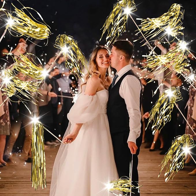 100 pcs Wedding Wands Light up with LED Tinsel Wedding Streamers for Wedding Send off and Greeting Ideal Props for Weddings, Birthday Parties, Christmas Cheerleading Games (Gold)