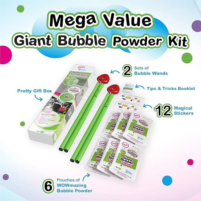 WOWmazing Mega Value Big Bubble Kit: 2 Large Bubble Wands 6-Pack of Big Bubble Powder (Makes 6 Gallons) | Outdoor Toy for Kids, Boys, Girls | Powder Made in USA