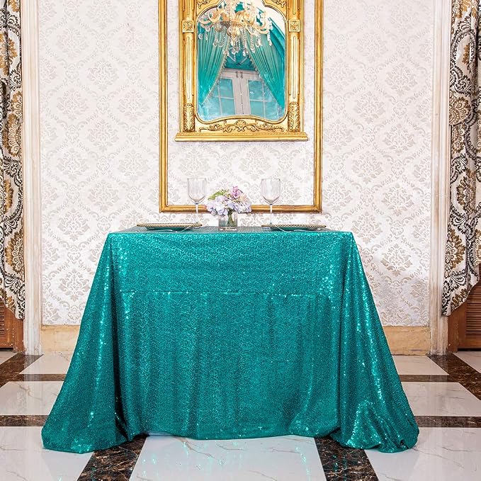 Juya Delight 60" x 102" Teal Rectangle Sequin Tablecloth for Party Dinner Banquet Festival Wedding Anniversary Exhibition Dessert Table