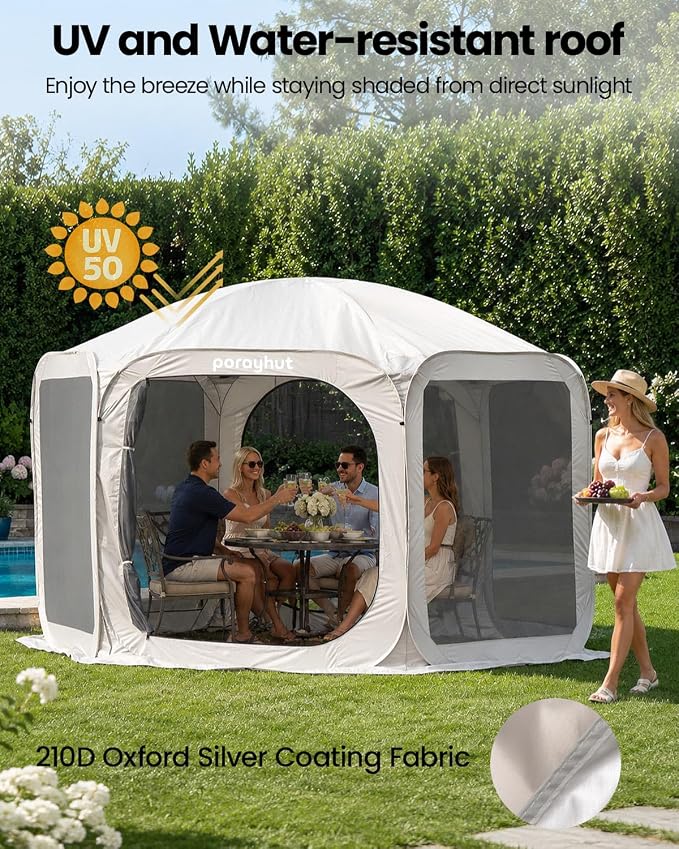 Porayhut Pop up Screen House Tent 12x12FT Sun Shelter with Breathable Mesh Doors,Portable Camping Tent Without Waterproof Floor,Screen Canopy Outdoor for Family Friends Party in Backyard,Park