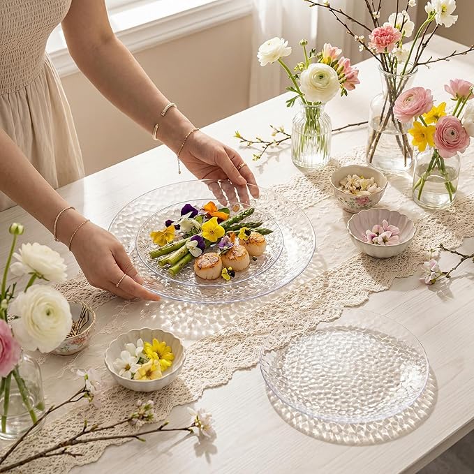 Rubtlamp 100Pcs Clear Plastic Plates, Heavy Duty Party Plates, Hammered Disposable Plates Include 50 Clear Fancy Dessert Plate, 50 Dinner Plate for Wedding Party