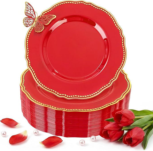 Hioasis 60pcs Red Plastic Plates - Red and Gold Disposable Dinnerware with Gold Rim, Heavy-duty, 7.5 inch, Dessert Plates for Party & Christmas & Mother’s Day