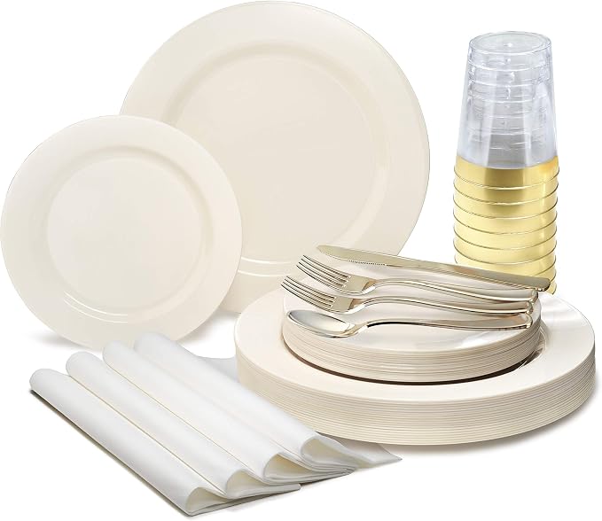 " OCCASIONS " 320pcs set (40 Guests)-Heavyweight Wedding Party Disposable Plastic Plate Set -40 x 10.5'' + 40 x 7.5'' + Silverware + Cups +linen like paper Napkins (Plain Ivory)