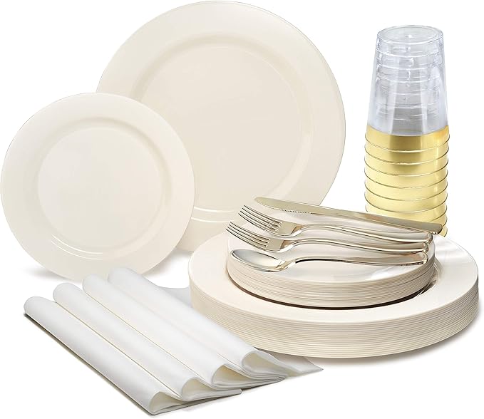 " OCCASIONS " 200pcs set (25 Guests)-Heavyweight Wedding Party Disposable Plastic Plate Set -25 x 10.5'' + 25 x 7.5'' + Silverware + Cups +linen like paper Napkins (Plain Ivory)