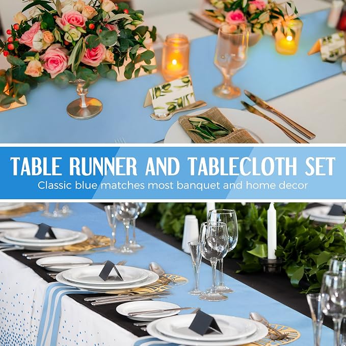 Tudomro 12 Pcs White and Light Blue Disposable Plastic Tablecloths and Satin Table Runner Set 54x108 Inch Tablecloth 12x108 Inch Table Runners for New Year Wedding Birthday Baby Shower Graduation