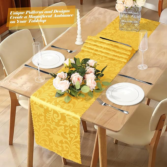 MILVOWOC 12 Pack Gold Satin Table Runner, 12 x 72 Inch Jacquard Damask Rectangle Decorative Table Runner for Party Banquet Birthday Dinner Wedding