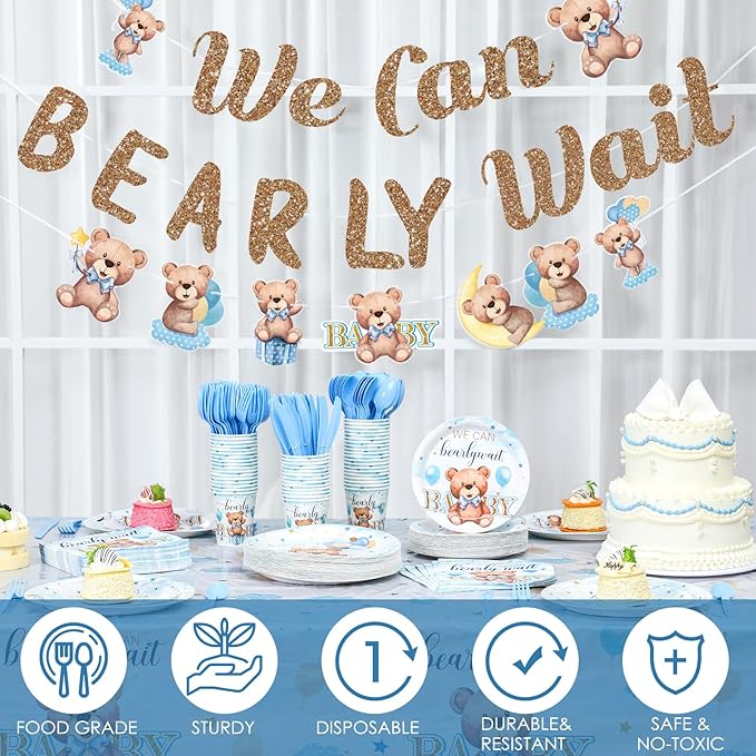 405 Pcs Blue Bear Baby Shower Decorations for Boy, We Can Bearly Wait Baby Shower Tableware Set Plates Napkins Cups Cutlery, Blue Bear Party Supplies with Tablecloth Banner, Serves 50 Guests