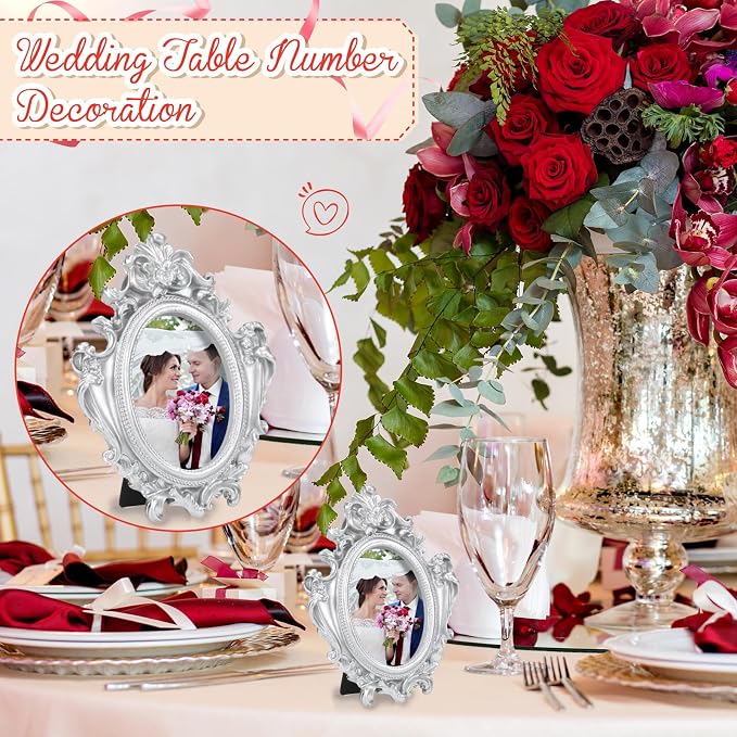 Maitys 15 Pcs Mini Picture Vintage Frames with Stands Tiny Antique Photo Baroque Ornate Resin Oval Frame Table Top Display Home Wedding Decor (Multicolor)