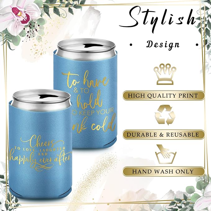 Qinyoung 50 Pieces Haze Blue Wedding Can Cooler Bulk Engagement Party Favors for Guests Cheers to Love and Happily Ever After Rehearsal Dinner Decorations for Wedding Bridal
