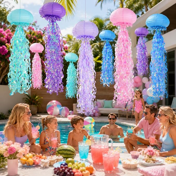 6-Pack Jellyfish Paper Lanterns, Blue Purple Pink Under The Sea Party Decorations, Mermaid Birthday Decorations, Ocean Themed Baby Shower, 10" Jellyfish Lamp for Classroom Decor Pool Party