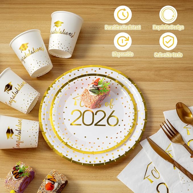 175pcs Class of 2026 Graduation Plates and Napkins Set, Disposable Paper Plate Set Polka Dots Napkin Cups Knife Fork Spoon for Graduation Party Decorations and Supplies,Serve 25 (White Gold)