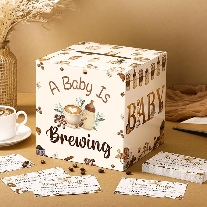 Teling 51 Pieces Coffee Beans Diaper Raffle Tickets Box with Card Baby Shower Decorations Gender Reveal Holder Box for Girl Boy Diaper Raffle Party
