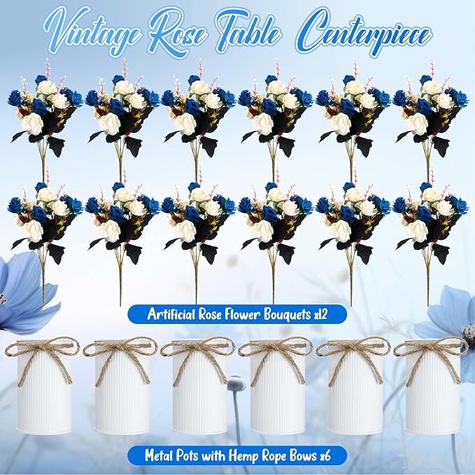 Domensi 6 Sets Wedding Centerpiece for Table Artificial Rose with Vase Fake Bouquets and Metal Pot Flower Arrangements for Bridal Shower Birthday Party Event Table Decor (Dark Blue)