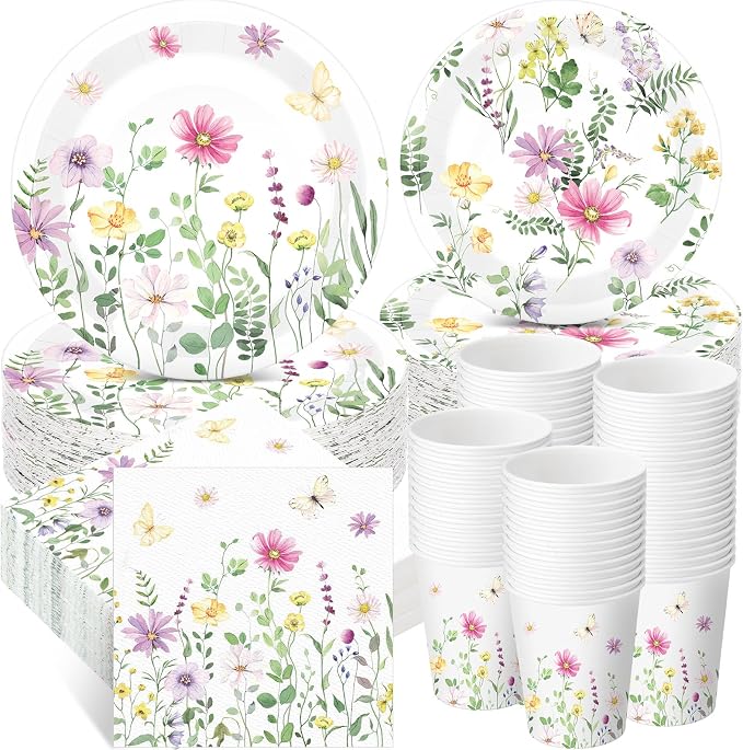 Ziliny 250 Pcs Wildflower Party Decorations Include Spring Summer Floral Paper Plates Napkins and Cups for Wildflower Baby Shower Tea Decorations, Serve 50 Guest(Watercolor,Fresh Style)