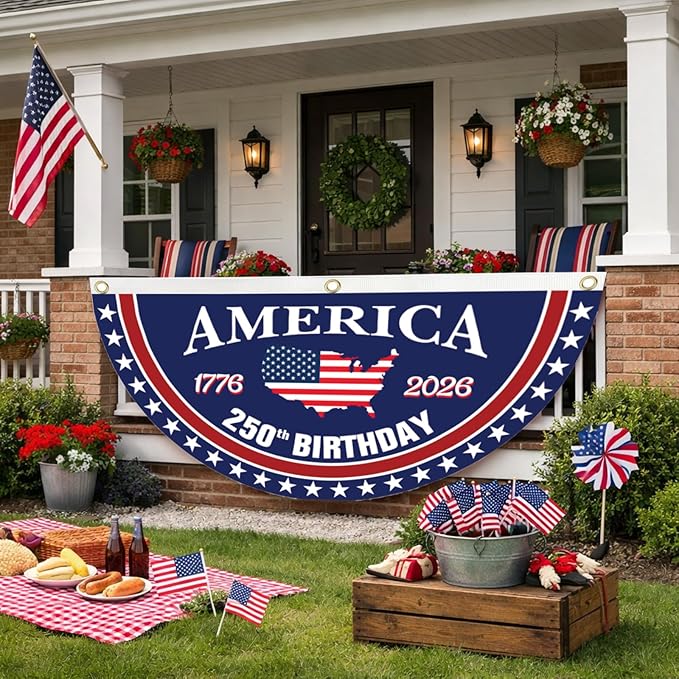 250 year anniversary Birthday Bunting Flag, Patriotic USA Anniversary Fan Banner 1776-2026, 2x4 FT, Navy Blue Red White, with Brass Grommets 2 Pack