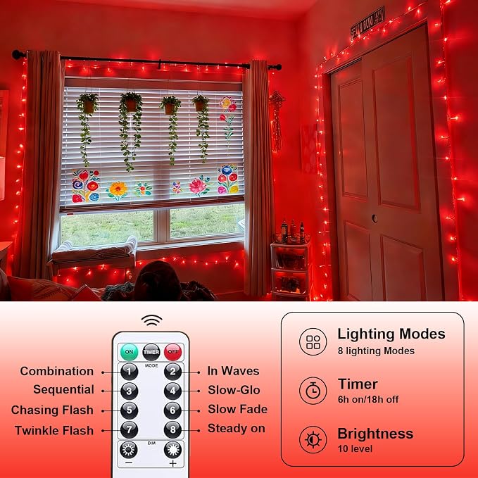 YEGUO Battery Operated String Lights, 2 Pack Each 33ft 100 LED Twinkle Fairy Lights Outdoor Waterproof, 8 Modes Clear Wire Red Christmas Lights Indoor with Remote