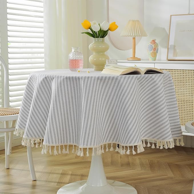 meioro Striped Tablecloth Round Tablecloths Cotton Blend Table Cloth Washable Tabletop Decorative Fabric Table Cover for Kitchen Dinning (Grey, Round 60 Inch)
