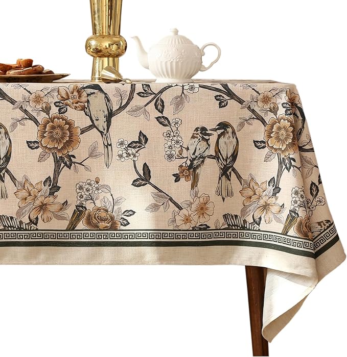 ISAENNE Designer Vintage Linen Tablecloth Rectangular,110"x63"-Murad A | French Elegant Long Table Cloth for Rectangle Table,Floral and Bird Pattern for Dining Kitchen Tea Party Thanksgiving