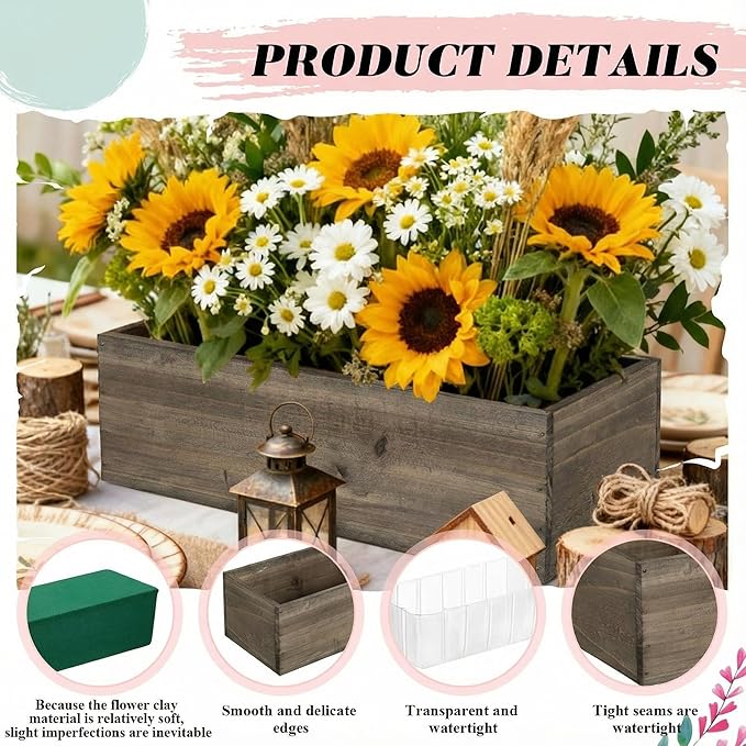 Dandat 4 Set Wood Boxes for Centerpieces 12x4 Inch Rectangle Wooden Planter Box Rustic Wooden Planters with Removable Plastic Liner Floral Foam Blocks for Christmas Wedding Home Garden Decor(Brown)