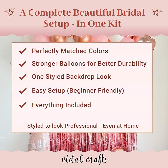 VIDAL CRAFTS Rose Gold Bridal Shower Decorations, 62-Piece Pink Bachelorette Party Decorations with Bride to Be Banner, Confetti Balloons, Bride Sash, Veil, Fringe Curtain & Photo Props