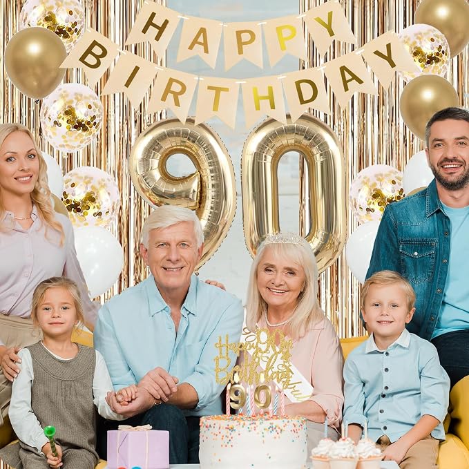 Trgowaul 90th Birthday Decorations for Women, Banner, Sash and Crown, Cake Topper, 90 Number Balloon, Fringe Curtains, Champagne Gold 90th Birthday Party Supplies
