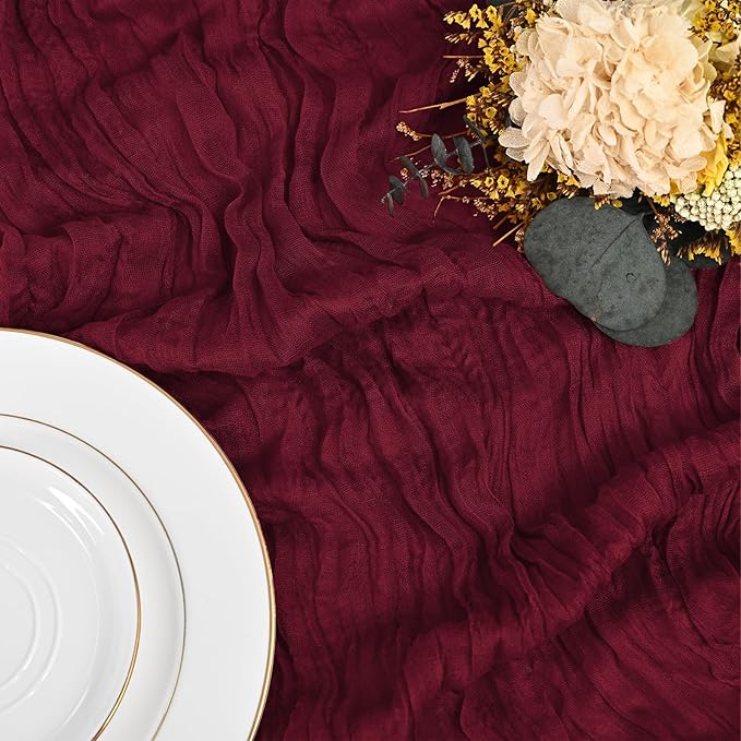 24 Pack Burgundy Table Runner 10Ft Cheesecloth Table Runner Rustic Gauze Table Runners Romantic Long Sheer Fabric Cheese Cloth Table Runners for Wedding Party Bridal Baby Shower