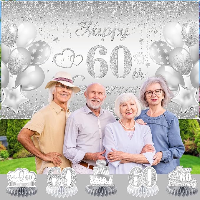 Silver 60th Wedding Anniversary Decorations Banner, 60th Anniversary Table Centerpieces Hanging Swirls Tissue Pompoms Foil Balloon for 60 Years Silver Wedding Party Decoration Supplies