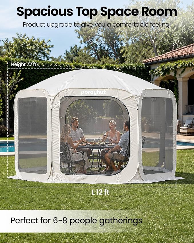 Porayhut Pop up Screen House Tent 12x12FT Sun Shelter with Breathable Mesh Doors,Portable Camping Tent Without Waterproof Floor,Screen Canopy Outdoor for Family Friends Party in Backyard,Park
