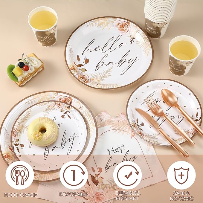 Dandat 350 Pcs Baby Shower Plates Set Baby Shower Party Supplies Serves 50 Tableware Sets Include Plates Napkin Cup Forks Knives Spoons Disposable Dinnerware(Boho Pampas Grass,Brown)
