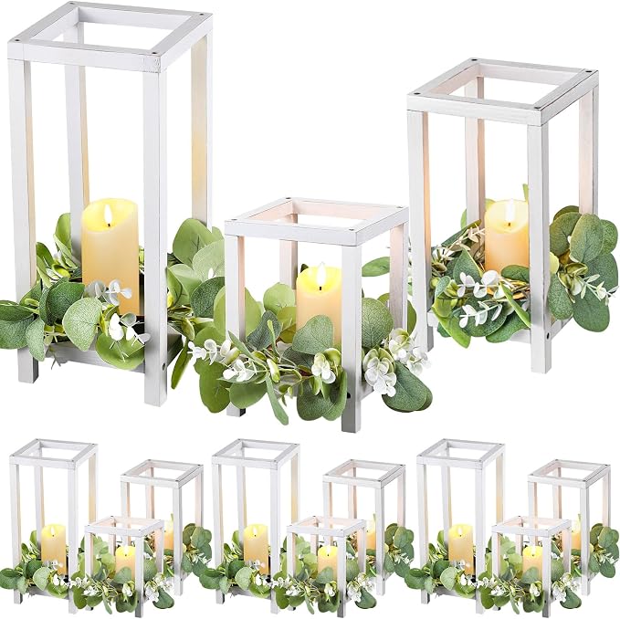 Geelin 12 Set Wooden Wedding Lantern Centerpiece Decor Baptism Lantern Candle Holder for Table Centerpiece Wedding Party Baby Shower Home Country Porch Patio Decor(7.87'', 10.59'', 12.99'',White)