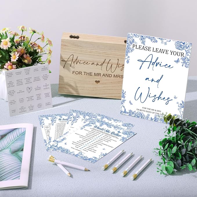 Silipull Bridal Shower Games Set for 50 Guests Includes Bingo, He Said She Said, Scramble, Would She Rather, Advice and Wishes Wedding Games Double Sided with Wooden Box, 20 Pencils(Blue Floral)
