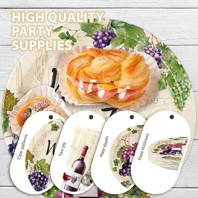 96Pcs Wine Tasting Party Supplies Red Wine Plates and Napkins Purple Grapes Vineyard Tableware Set for Women Girls Bridal Shower Drinks Theme Party Decorations Serves 24