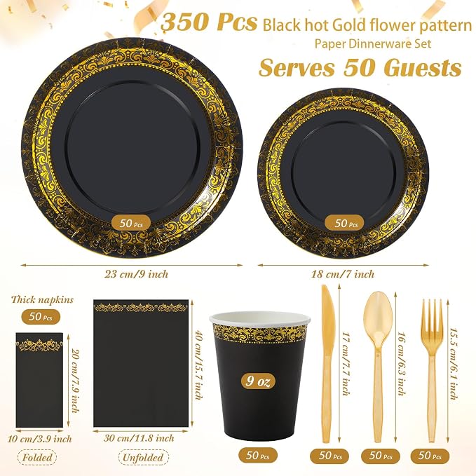 meekoo 350 Pcs Black Party Dinnerware Set Disposable Paper Plates for 50 Guests 9in and 7in Dinner Dessert Plates Napkins Gold Rim Plastic Cups Knives Forks Spoons for Party Wedding(Round Floral)