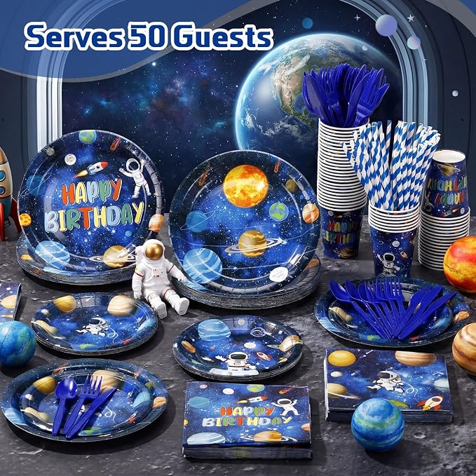 450 Pcs Space Birthday Tableware Set Decorations, Solar System Paper Plates Napkins Cups Cutlery Straws for Astronaut Theme Birthday Baby Shower Party Supplies, Serves 50
