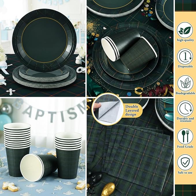 168 Pcs Green Blue Tartan Plaids Baby Shower Decorations We Can Bearly Wait Birthday Tableware Set Navy and Green Plaid Disposable Paper Plates Cups Utensils Serves 24