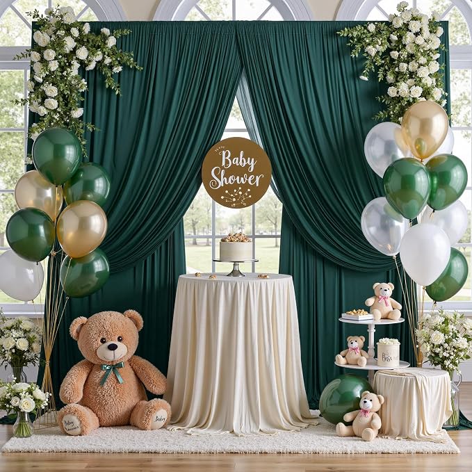 50ft x 10ft Wrinkle Free Hunter Green Backdrop Curtain for Jungle Parties, 10 Panels 5×10ft Soft Silky Green Polyester Photo Backdrop Drapes for Wedding Birthday Photography Christmas Background Cloth