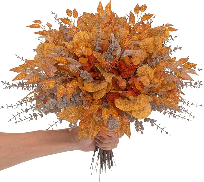 130 Pcs Fall Mixed Greenery Artificial Eucalyptus Stems Bulk, 6 Kinds of Fake Eucalyptus Leaves, Autumn Faux Floral Arrangement for Wedding Bouquet, Farmhouse Home Thanksgiving Decor (130, Orange)