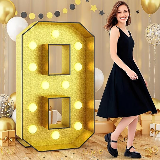 Light Up Number 8, Marquee Light Up Numbers Gold 4FT, Large Led Numbers Lights for 8th Birthday, 4 Feet Tall DIY Frame Pre-Cut Foam Board Kit for Night Light Party Anniversary Decorations
