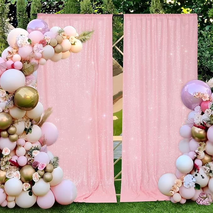 PartyDelight Pink Sequin Backdrop Curtains 5x10ft 2 Panels | 3mm stitched sequin curtain with 4 inch rod pocket for 5x10ft wide reception wall head table stage backdrop and event display