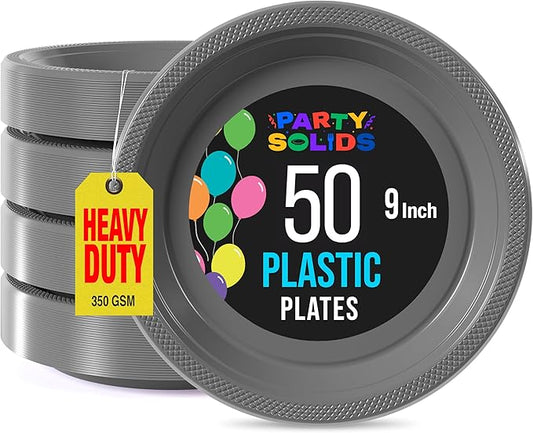 Exquisite Party Solids Silver Plastic Plates For Party Supplies 9" Silver Disposable Plates Heavy Duty 50 Pcs Plastic Dinnerware Sets Heavy Duty 350 GSM Disposable Dinnerware Set