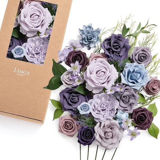 Ling's moment Fake Flowers Box, Faux Artificial Greenery Stems Foam Roses Gardenia Silk Leaves Fabic Flower for Centerpieces Bouquet Wedding Vase Floral Decorations, Lavender & Purple, Deluxe Combo