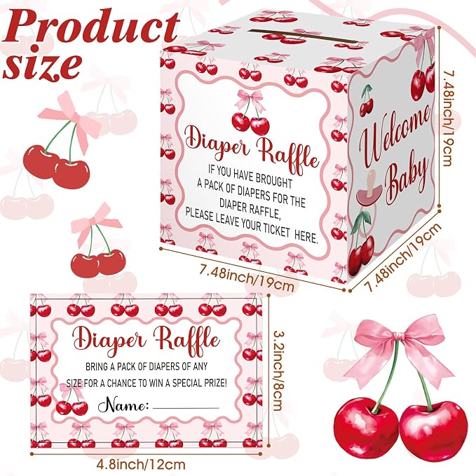 Teling 51 Pieces Diaper Raffle Tickets with Card Box Baby Shower Decorations Gender Reveal Holder Box for Girl Boy Diaper Raffle Party (Cherry Theme Pattern)