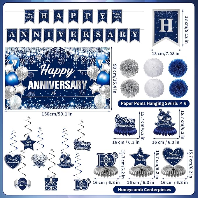 Happy Anniversary Decorations Kit Blue Silver Happy Anniversary Banner Honeycomb Centerpieces Hanging Swirls Tissue Paper Pompoms Set for Men Women Couple Wedding Anniversary Party Supplies Decor