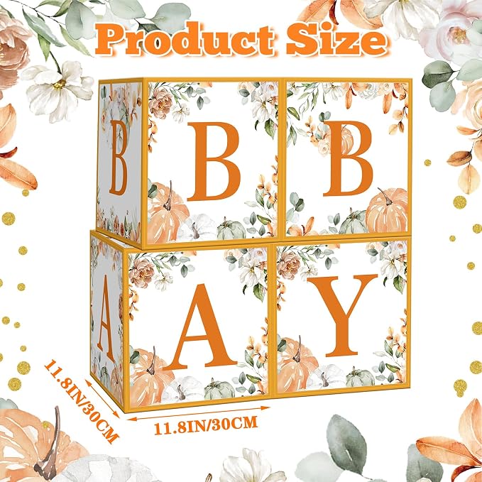 AmazingSpark 4 Pcs Little Pumpkin Baby Shower Boxes with Letters Fall Pumpkin Candy Box Decor with Letters Blocks Baby Shower Centerpiece for Party Backdrop