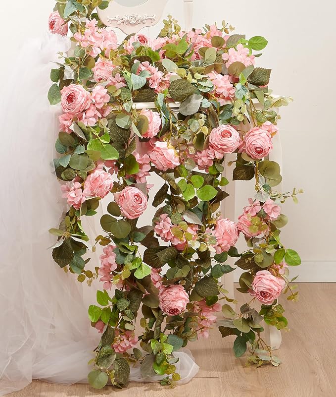 PONKING Flower Garland Artificial Rose & Hydrangea Vine Hanging Fake Flowers Vines for Wedding Birthday Party Valentines Christmas Room Wall Arch Decor, 1 Rose & 1 Hydrangea Light Pink Floral Garland