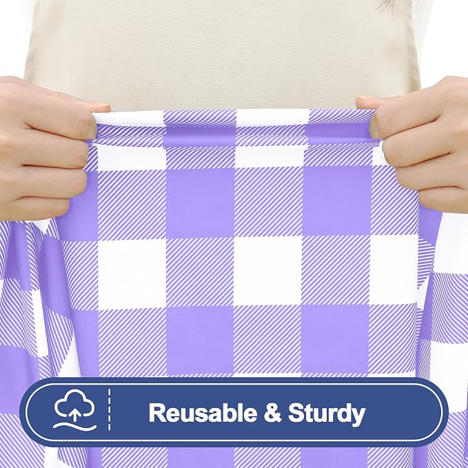 Smiry Picnic Table Cloth 4 Pack, Waterproof Elastic Fitted Tablecloths for 6FT Rectangle Tables, Washable Polyester Buffalo Plaid Tablecloth for Camping, Dining & Outdoor (Purple & White, 30" x 72")