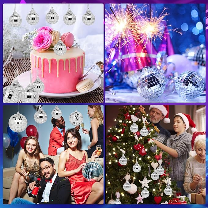 Mini Mirror Disco Ball Ornaments: Hanging Disco Ball Silver Party Decorations Set 60 Pack - Small Mirror Balls Decor for Wedding Christmas Birthday Cake Topper (1.2 Inch)