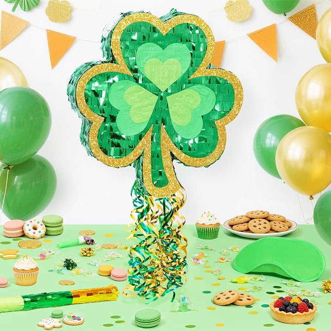 WERNNSAI Shamrock Piñata - Green Shamrock Decor Piñata with Bat & Blindfold, Party Game Supply with Shamrock Pattern (16" × 13.5" × 3")