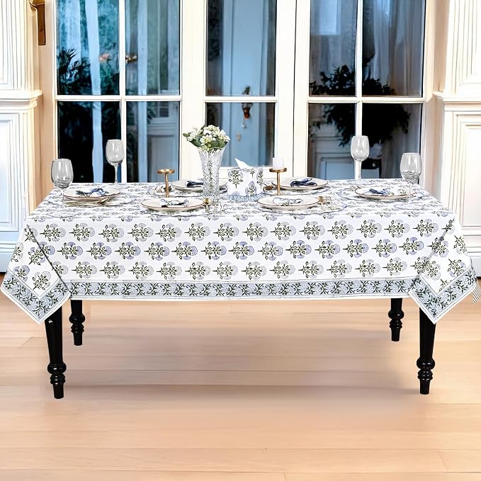 Ridhi Mughal Buta Blue Hand Block Print Cotton Rectangle Tablecloth 108" x 60" inches Reusable Table Cover Decorative Everyday Use for Dining Room, Farmhouse, Home Gift for Spring, Mother's Day