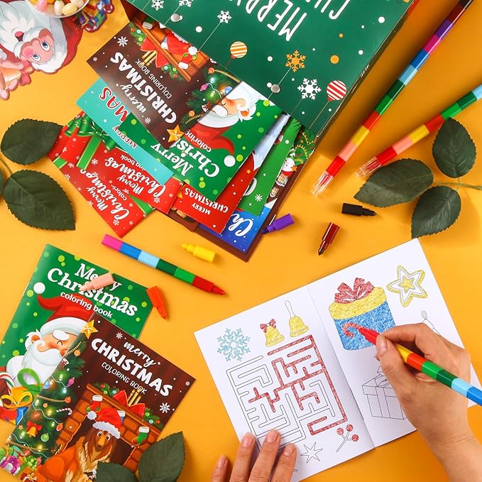 BenLouis 24 Christmas Mini Coloring Books Kids with 24 Stacking Crayons Xmas Theme Party Favors Activity Books Bulk for Kids Holiday Birthday Goodie Bag Gift Stuffer Classroom Reward